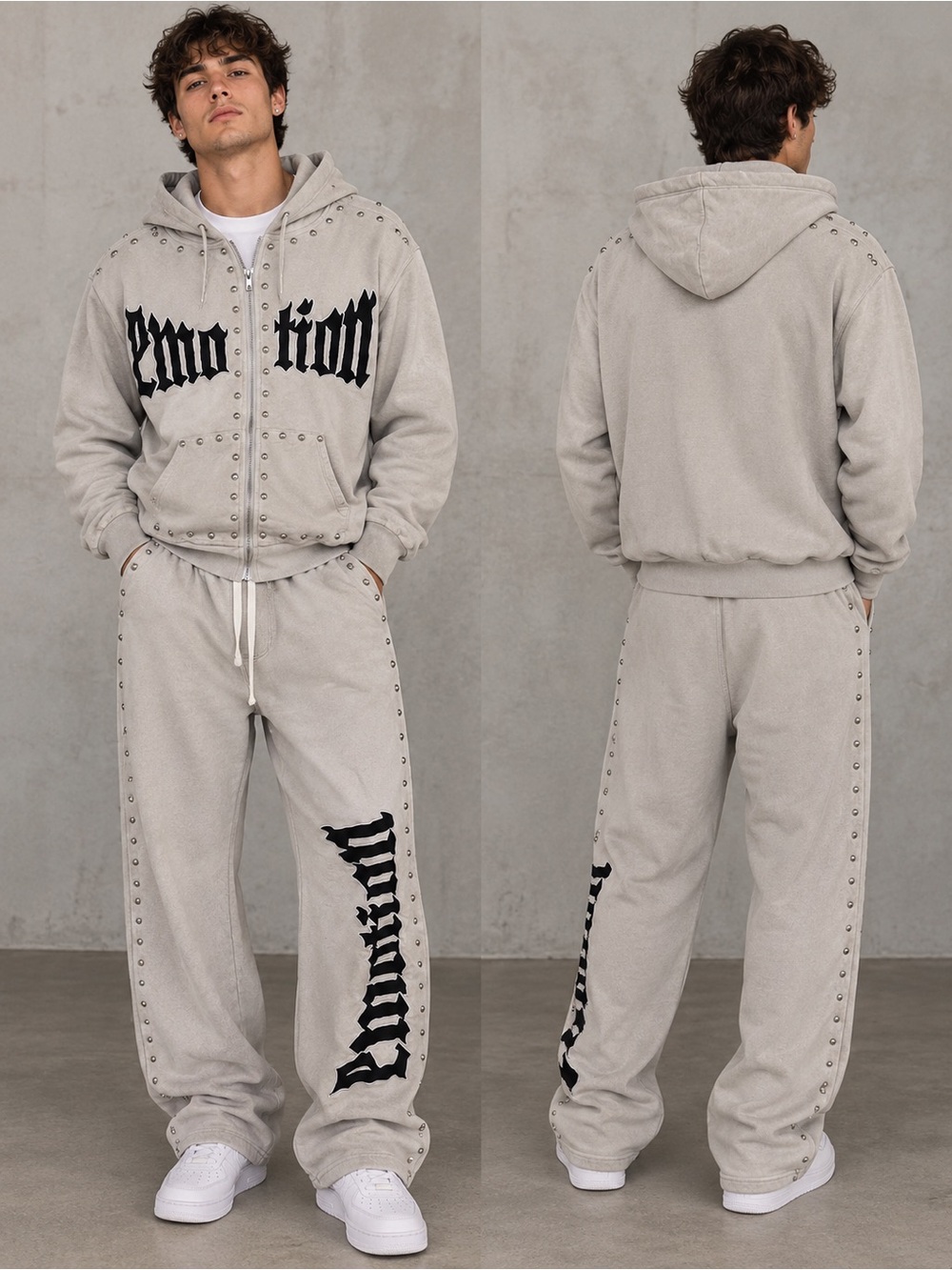 Mixed Emotion Wear Studded Gothic Tracksuit Set Hoodie + Sweatpants Cream Large